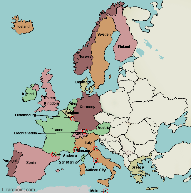 Labeled Western Europe Countries Map