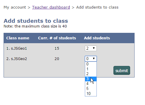 screenshot of Add Students to Class screen