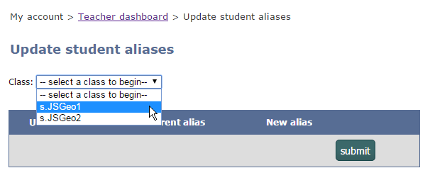 screenshot of selecting a class on Update Student Alias screen