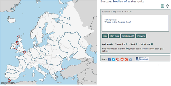 screenshot of Europe water quiz