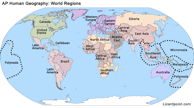 labeled map for AP Human Geography world regions quiz