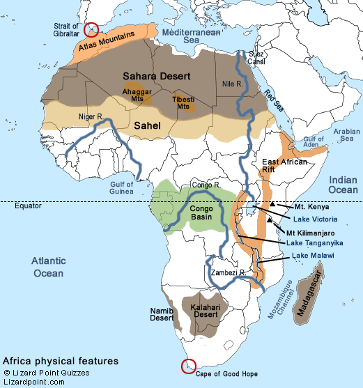 labeled physical features map of africa