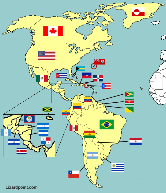 map of the Americas with flags displayed