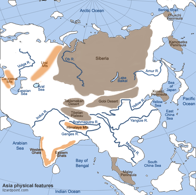 physical map of asia with rivers mountains and deserts