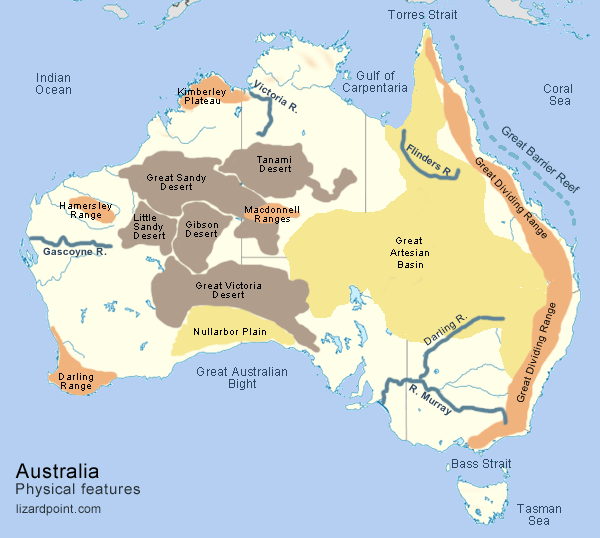 map of Australia with physical features labeled