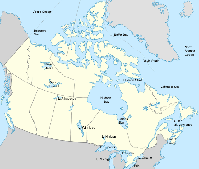 map of Canada with water labeled