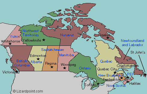 map of Canada with provincial capitals labeled