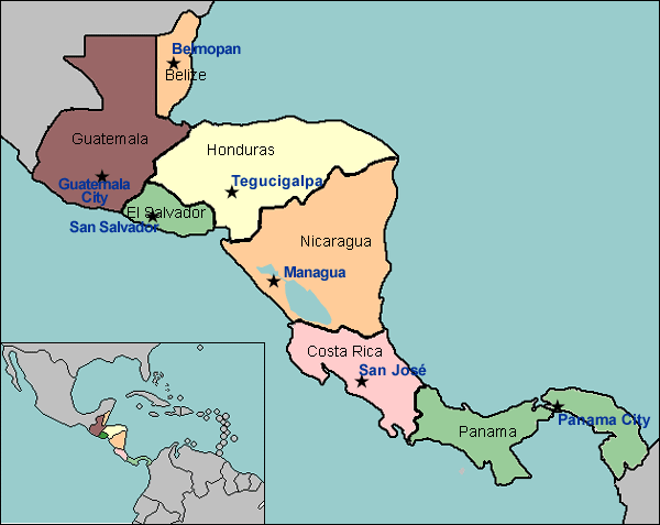 map of Central America with countries labeled