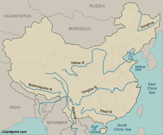 map of China with rivers and seas labeled