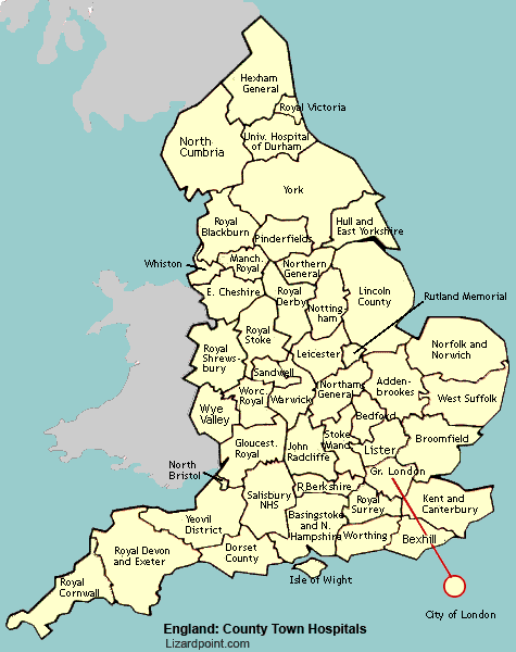 Test your geography knowledge - England: county town hospitals | Lizard ...