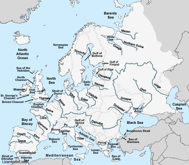 Seas Around Europe Map Topographic Map Of Usa With States   Europe Water3 Labeled 