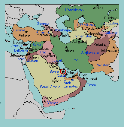 map of Middle East with capital cities labeled