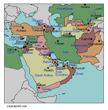 middle east map with capitals