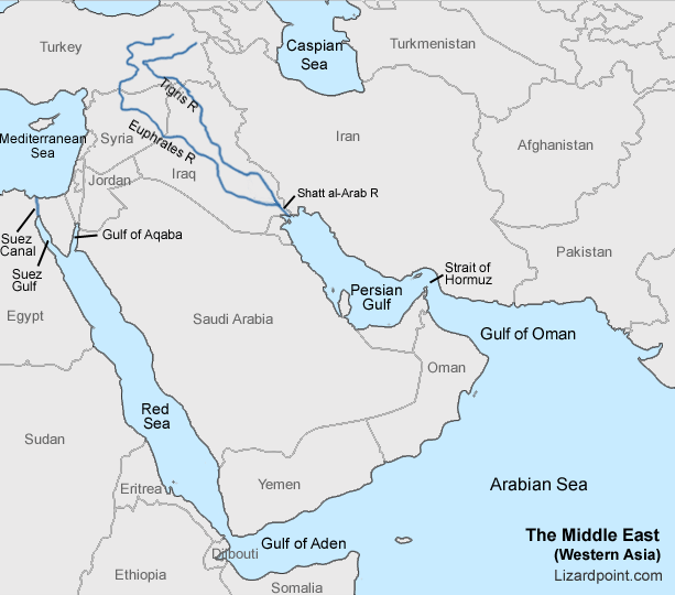 Southwest Asia Bodies Of Water Map - Daisy Elberta