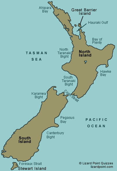 map of New Zealand with bodies of water iand islands labeled
