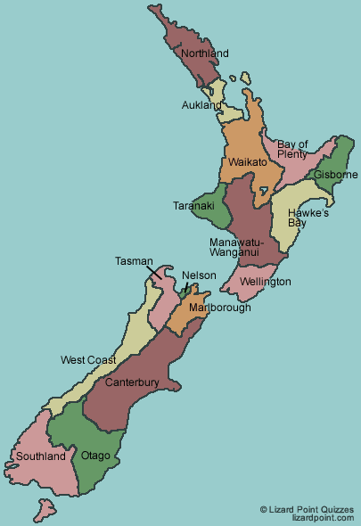 map of New Zealand with regions labeled