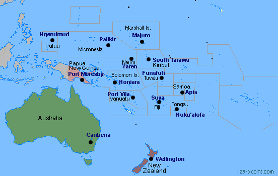 map of Oceania with capital cities labeled