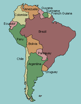 map of South America with countries labeled