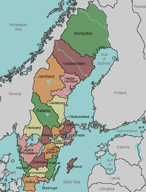 map of Sweden with counties labeled