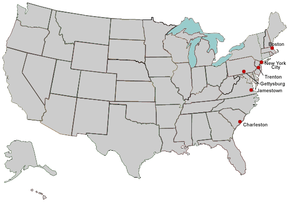 labeled map of US colonial cities