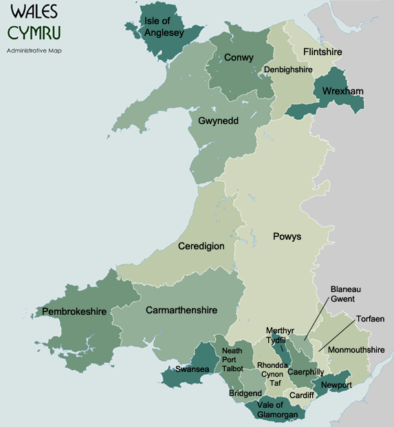 map of Wales with counties labeled