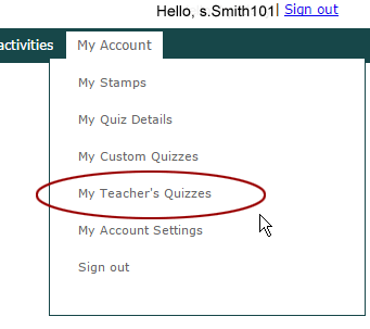 screeshot of menu to find your teachers quizzes