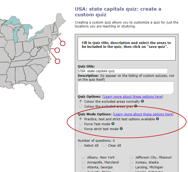 Screenshot of the quiz customization screen showing where you select a mode to force