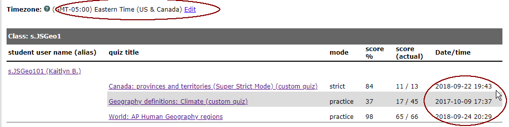 student scores in Eastern time zone