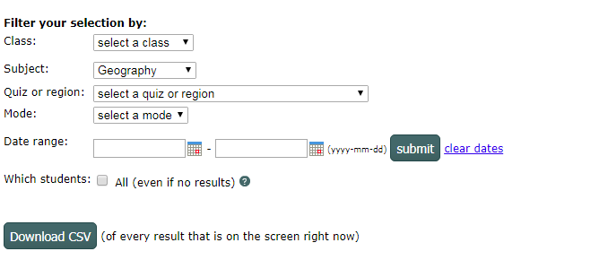 filter results by class, quiz, test mode and date