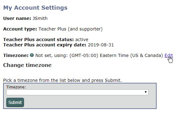 timezone edit on the my account settings screen