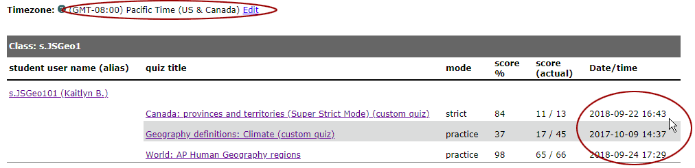 student scores in Pacific time zone