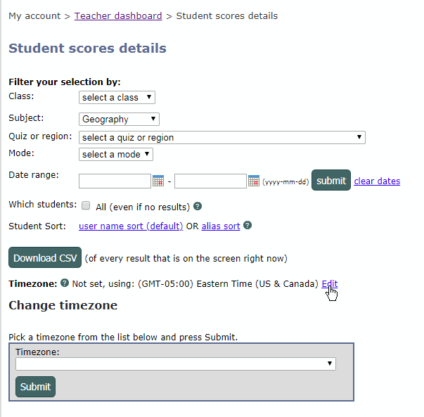 timezone selection on the student scores details screen