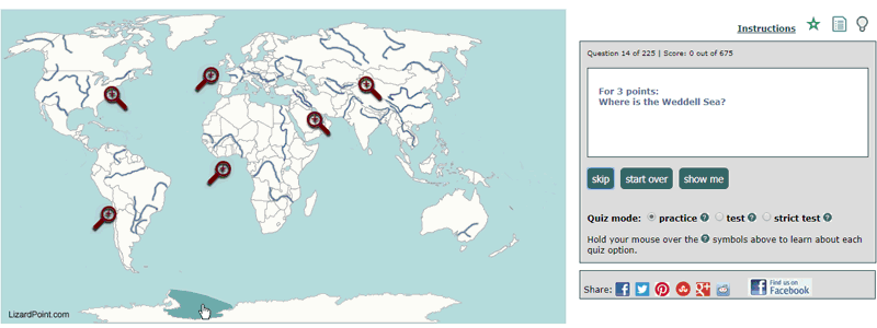 Screenshot of a quiz with world map showing Weddell Sea