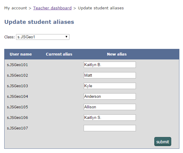 screenshot of Update Student Alias screen