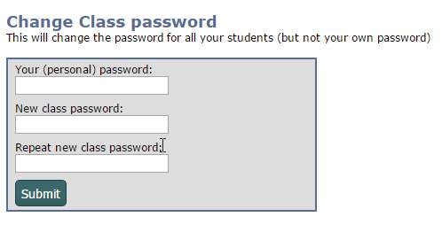screenshot of Change Class Password screen