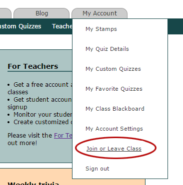 Join or Leave class on the My Account menu