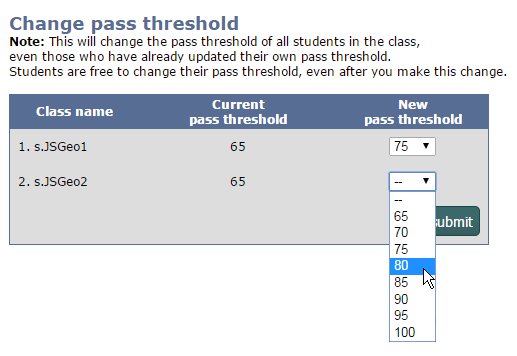 screenshot of Change pass threshold screen