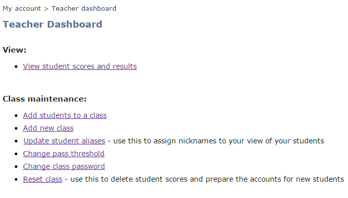 screenshot of Teacher dashboard