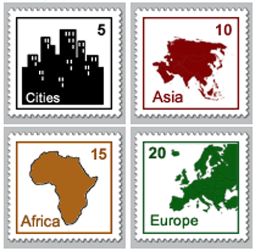 earn merit stamps for cities, Asia, Europe, Africa and more